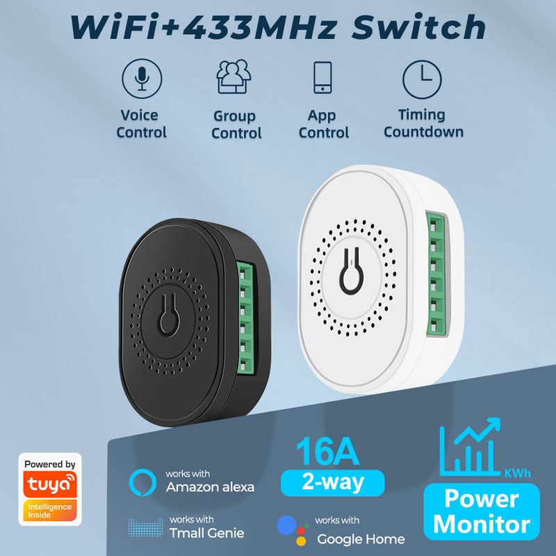 SMATRUL 16A WiFi Relay Switch with Energy Monitoring, 2 Way RF 433 Remote Control Smart Relay Module with Timer Voice Control