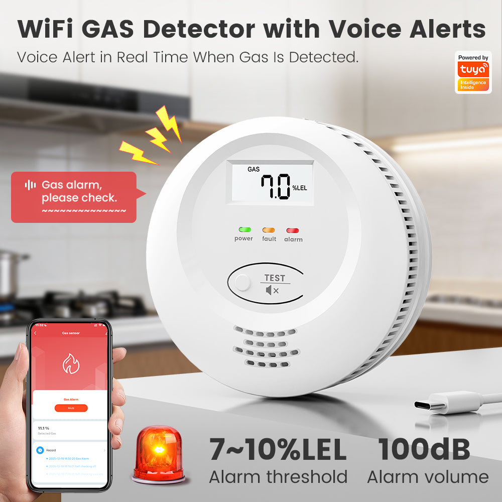 SMATRUL Tuya Smart WiFi Gas Leak Detector Natural Gas LPG Combustible Sensor with 100dB Alarm App Remote Notification Auto Valve Control