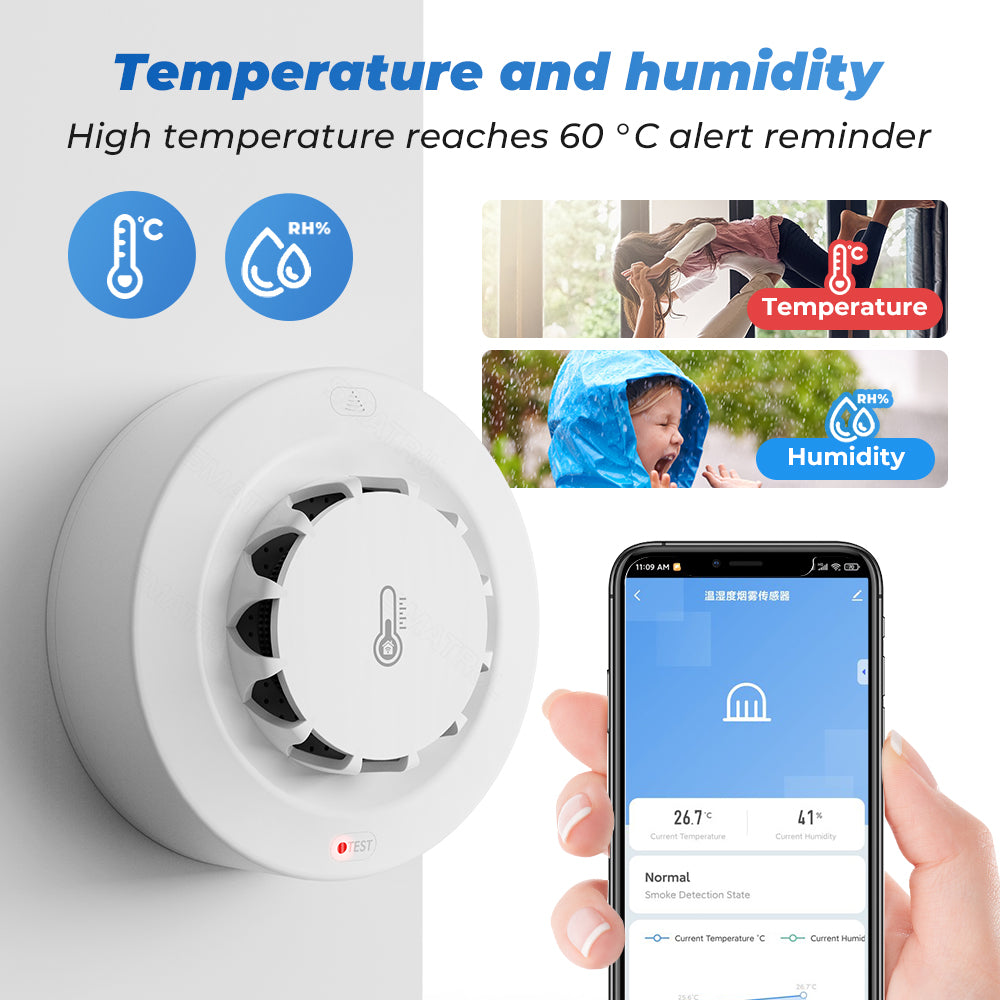 SMATRUL Tuya Smart Smoke Detector, Wifi Fire Sensor Alarm with Temperature and Humidity Detection