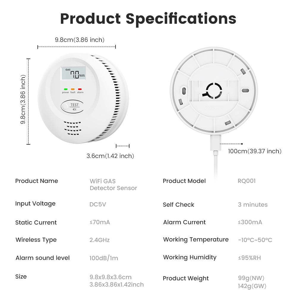 SMATRUL Tuya Smart WiFi Gas Leak Detector Natural Gas LPG Combustible Sensor with 100dB Alarm App Remote Notification Auto Valve Control