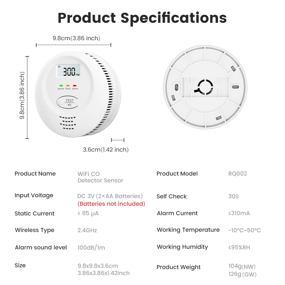 SMATRUL Tuya WiFi Smart Carbon Monoxide Alarm, CO Leak Detector for Kitchen Home Security, App Remote Alert & Voice Warning
